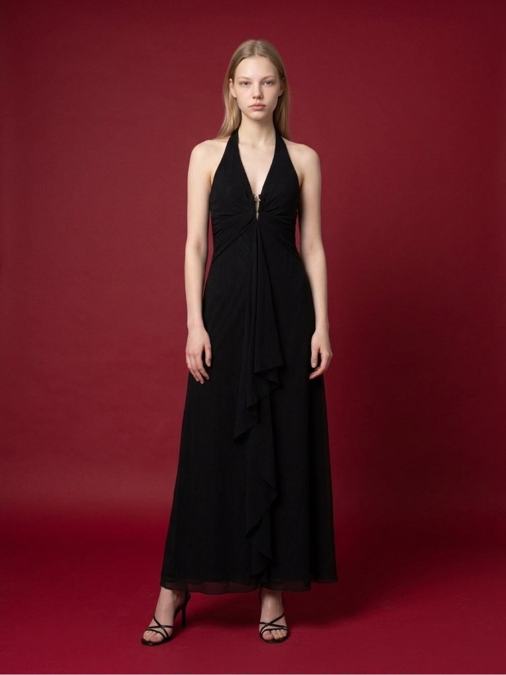 Cache Black Halter Maxi Dress with Center Ruching wedding guest sz 8